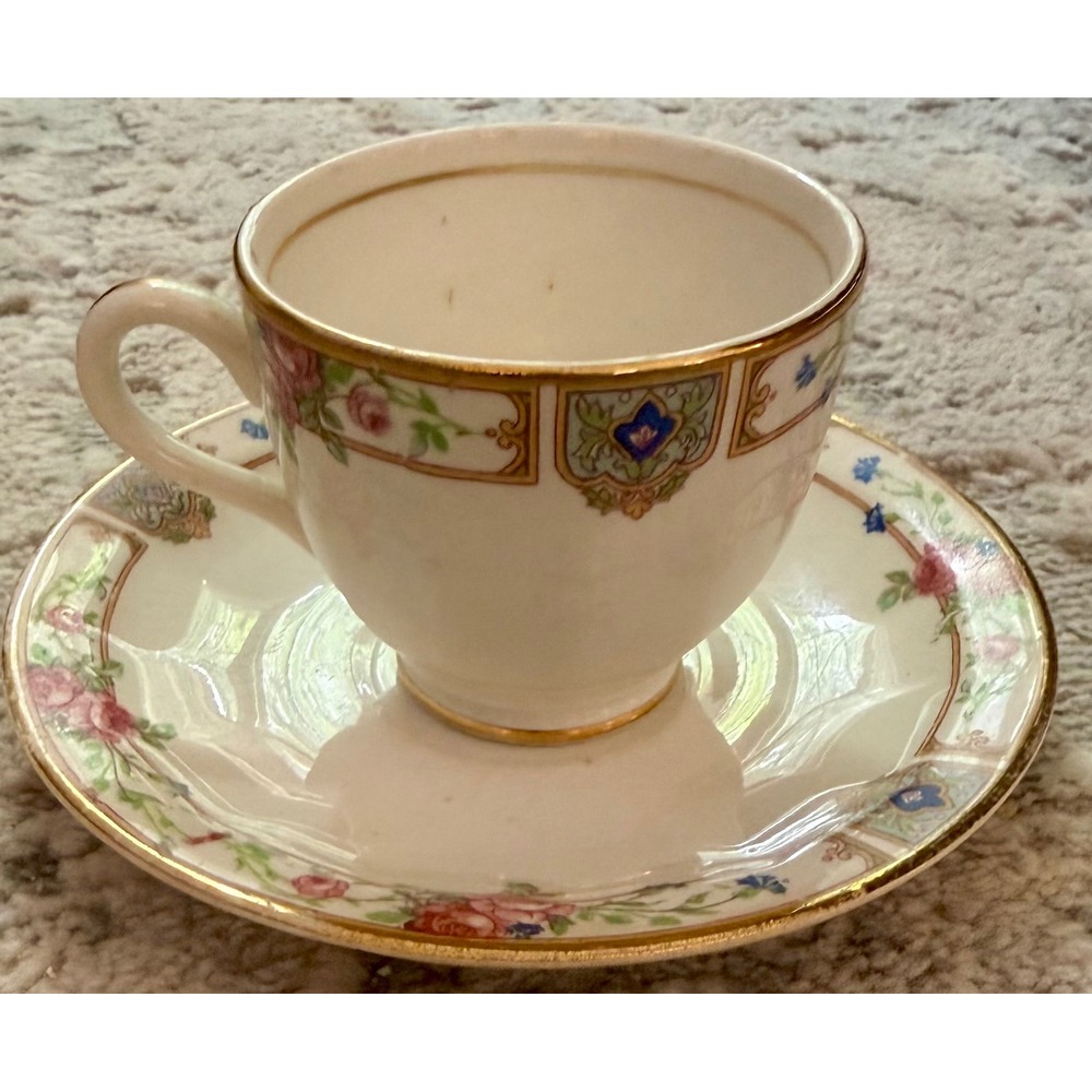 Edwin M Knowles Vitreous Tea Cup Saucer Set Floral Pink Rose Gold Trim‎ Vintage